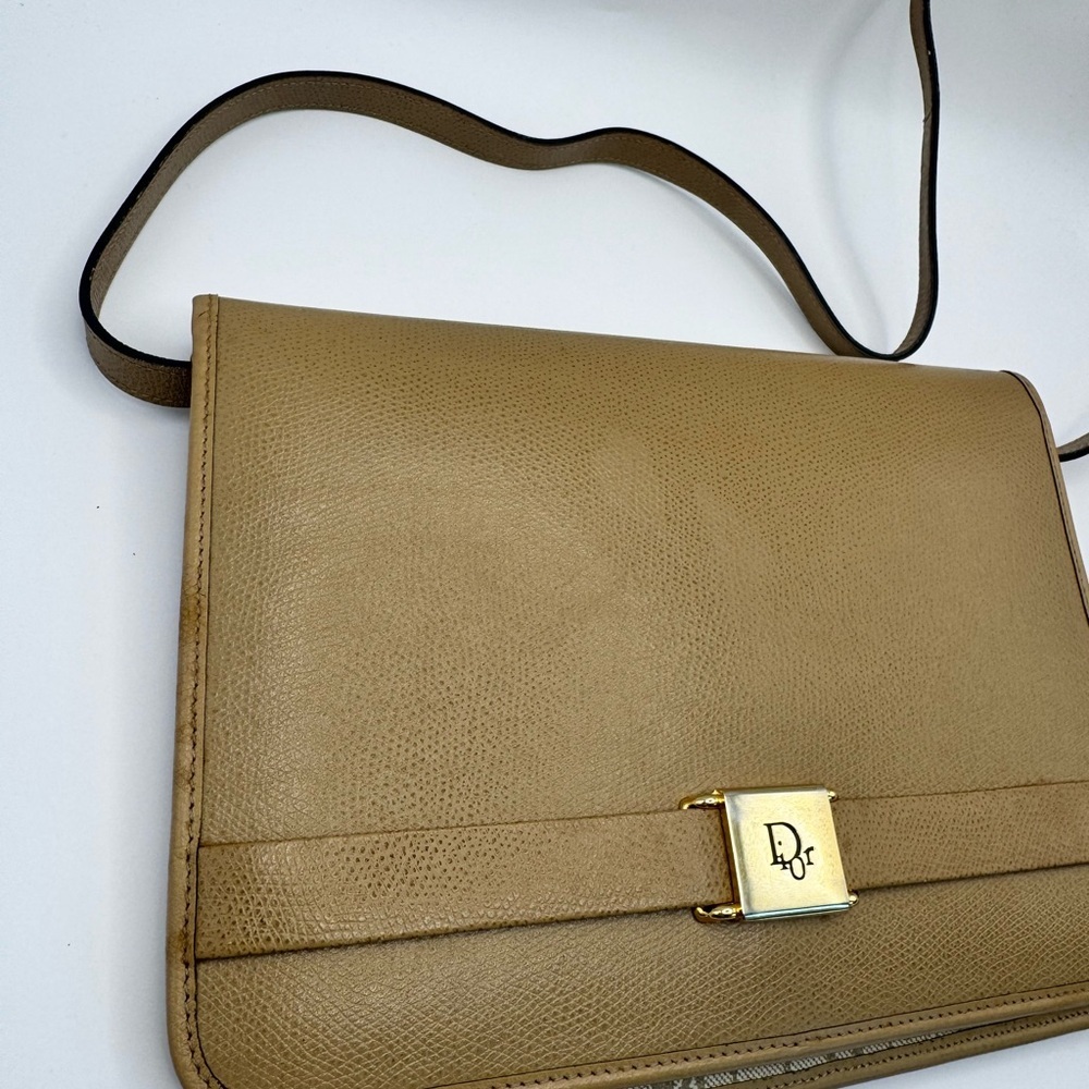 Vintage Christian Dior Crossbody Tan Leather Honeycomb Monogram Messenger - Picture 2 of 12